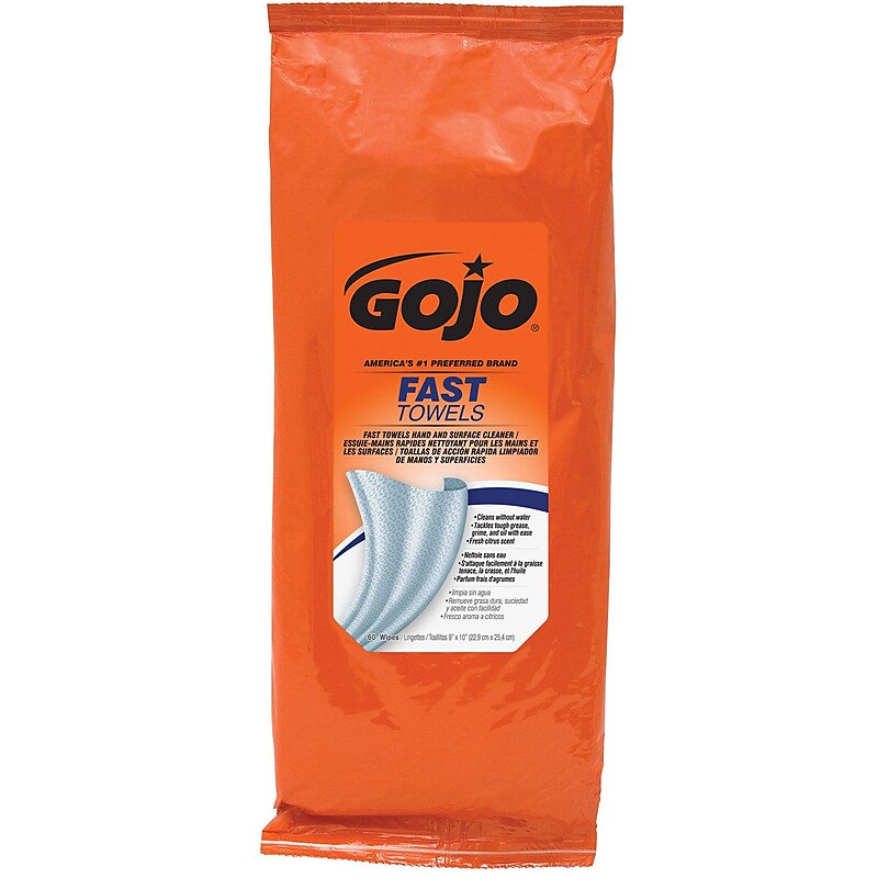 GOJO Fast Towels Hand-Cleaning Towels Resealable Packet, Orange Scent, 60 Wipes, 6/Carton (6285-06) image 1