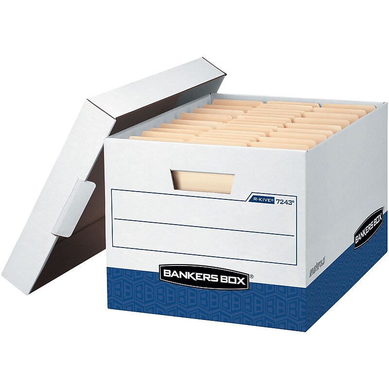 Bankers Box R-Kive Heavy Duty 60% Recycled FastFold Corrugated File Box Lift Off Lid, Letter/Legal Size, White/Blue, 20/Carton image 1