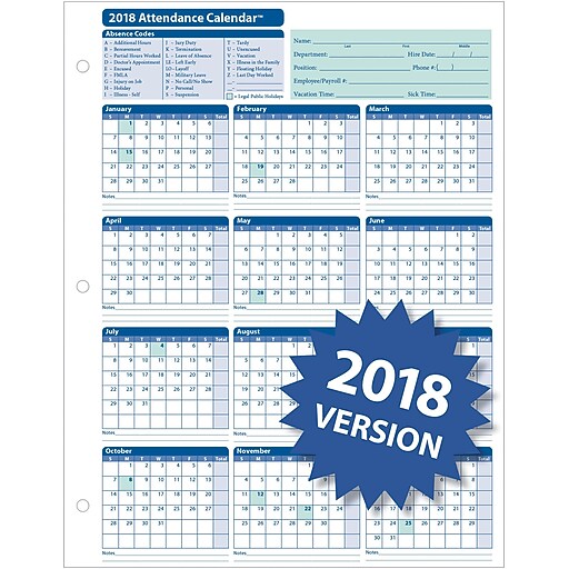 ComplyRight Attendance Calendar Card White Pack Of 25 A4000W25