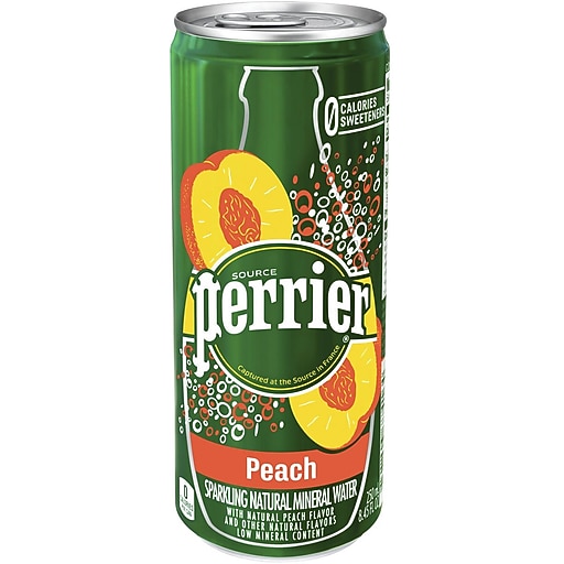Perrier Sparkling Natural Mineral Water, Peach, 8.45oz. Slim Can, 10/PK