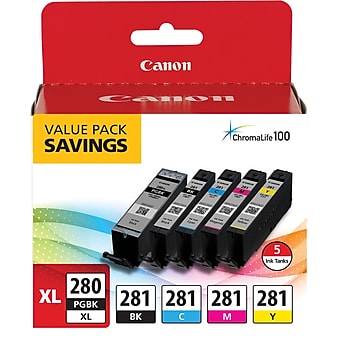 Canon 280XL/281 Black High Yield and Photo Black/Cyan/Magenta/Yellow Standard Yield Ink Cartridge, 5/Pack (2021C007)