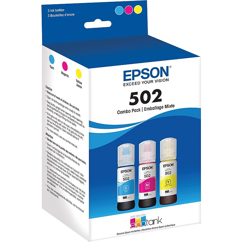 Epson T502 Cyan/Magenta/Yellow Standard Yield Ink Bottle, 3/Pack  (T502520-S) image 1