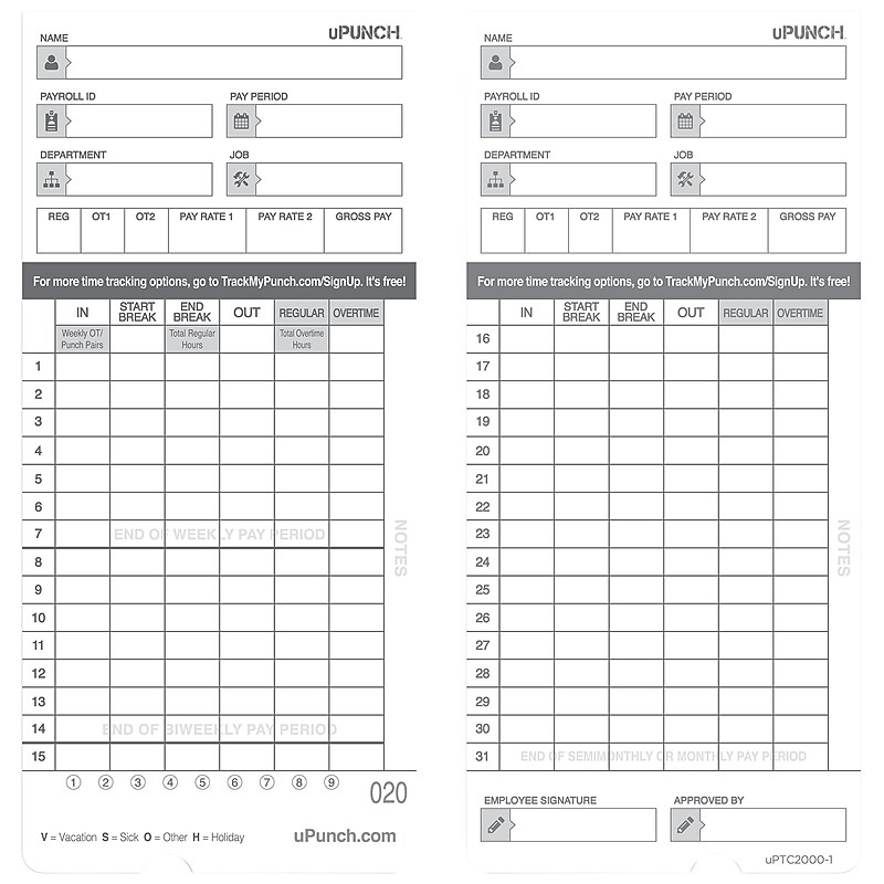 uPunch Time Cards for HN4000 Time Clock, 50 per pack (HNTCL2050) image 1