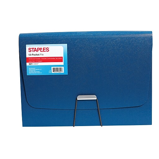 Staples Plastic 13Pocket Reinforced Expanding Folder, Letter, Blue