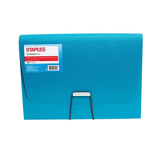 Staples Plastic 13 Pocket Reinforced Expanding Folder, Letter, Teal