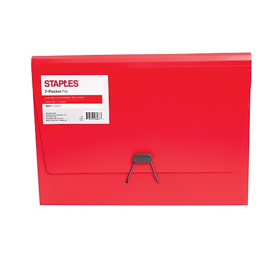 Staples® Plastic Expandable Reinforced 7 Pocket File, Letter Size, Blue/Red Staples