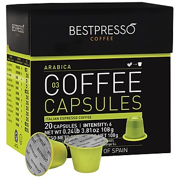 Bestpresso® Compatible Nespresso, Pods, Arabica Blend, Light Intensity, 20 Capsules per Box (BEST-03ARAB)