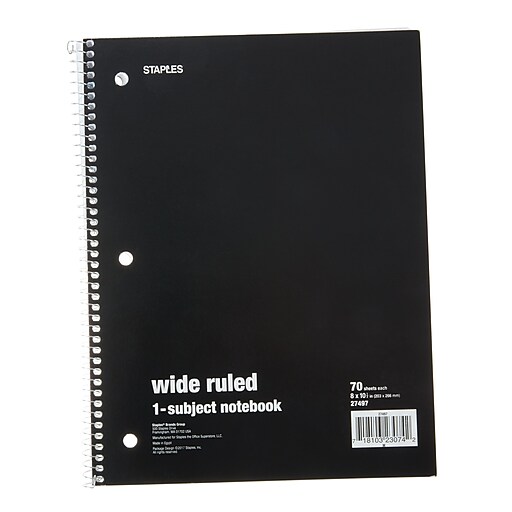 Staples®, 1 Subject Notebook, Wide Ruled, 8" x 101/2", Assorted Colors
