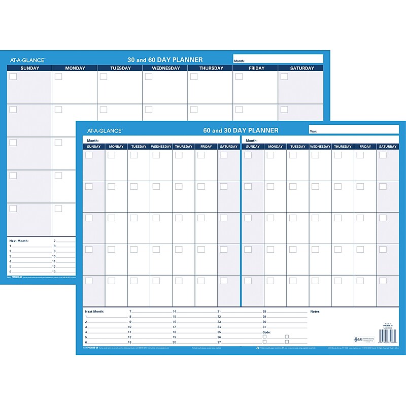 AT-A-GLANCE 30/60 Day Planner 24" x 17" Erasable Wall Calendar, Reversible, Blue (PM263B) image 1