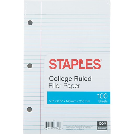 Staples College Ruled Filler Paper, 5 1/2" x 8 1/2", 100/Pack (12301M