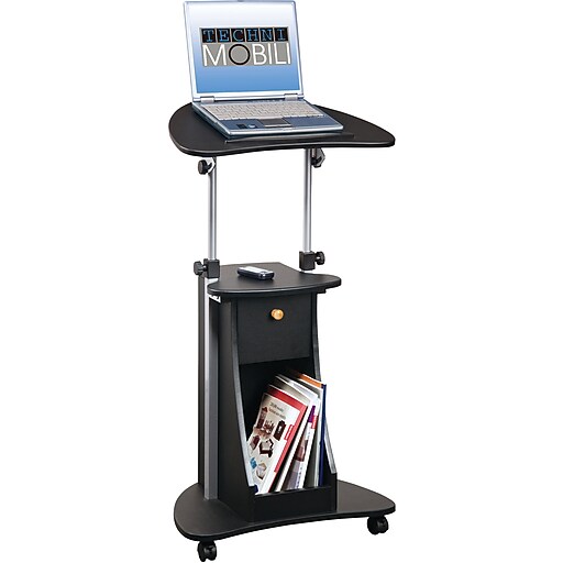 RTA Techni Mobili Adjustable Deluxe Rolling Laptop Cart, Black, 31"H x