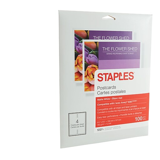 Staples Laser Matte Postcards, White, 100/Pack (14635CC) Staples