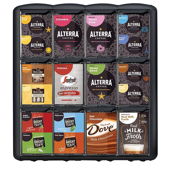Merchandiser, For FLAVIA Freshpacks, 4 Compartments, 9.1 x 13.5 x 14.4, Black
