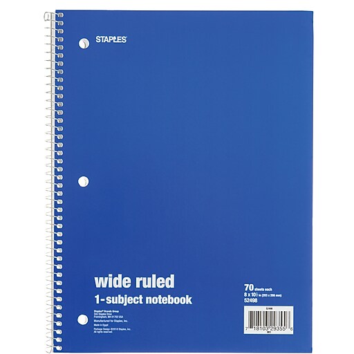 Staples® 1 Subject Notebook, 8" x 101/2", 6/Pack Staples