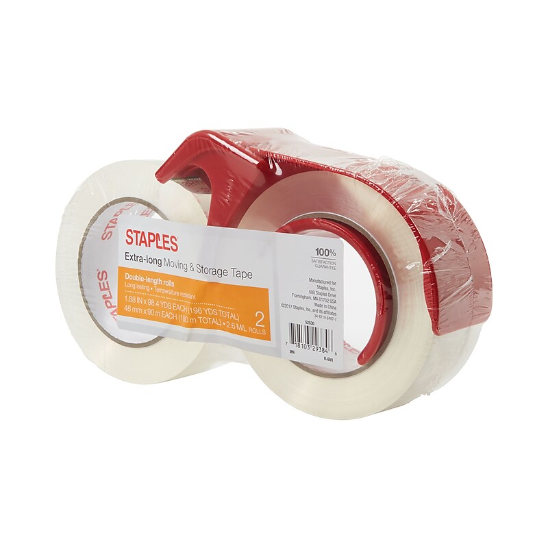 Staples® Long Lasting Storage Packing Tape with Dispenser, 1.88" x 98 Yds, Clear, 2/Rolls (ST-A26-902DP3) image 1