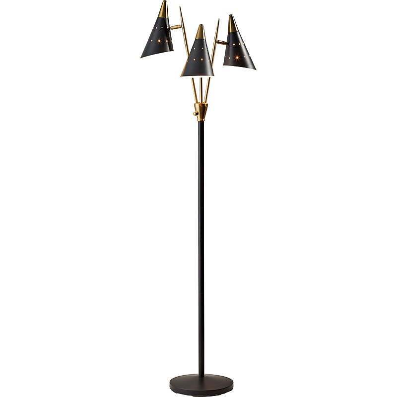 Adesso® Nadine 66"H Matte Black and Antique Brass 3-Arm Floor Lamp with Matte Black Cone Shades (3249-01) image 1