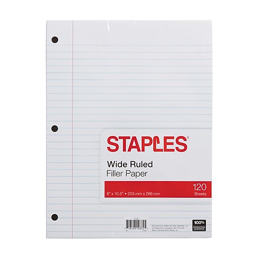 Staples Wide Ruled Filler Paper, 8" x 101/2", 120/Pack (37426M) Staples