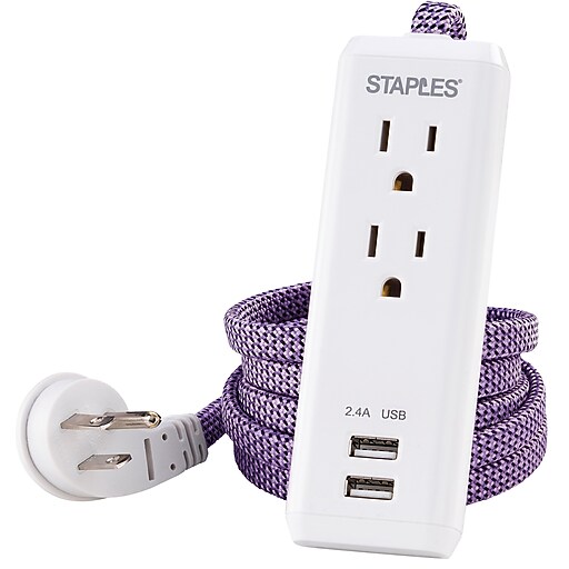 Staples 6' Braided Extension Cord, 2Outlet 2 USB, Purple (53051) at Staples