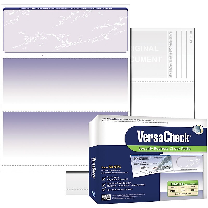 VersaCheck 8.5" x 11" Business Custom Checks, Blue, 250 Sheets/Pack (GLO921800F006) image 1
