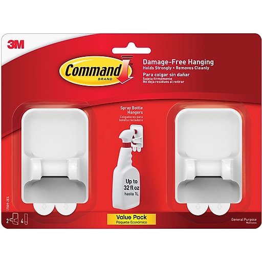 Command Spray Bottle Hangers two pack with white hangers and adhesive strips