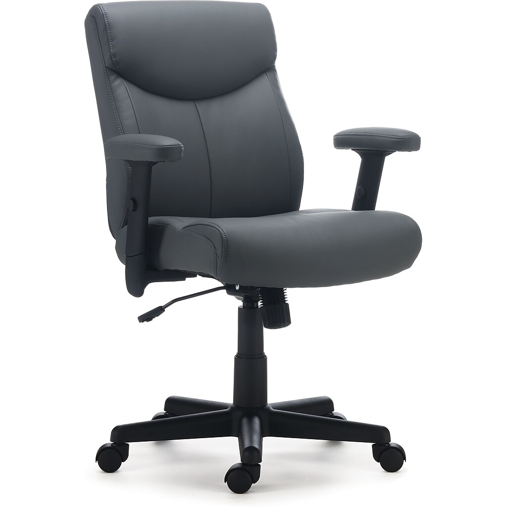 Left-front angled view of grey ergonomic office chair with armrests