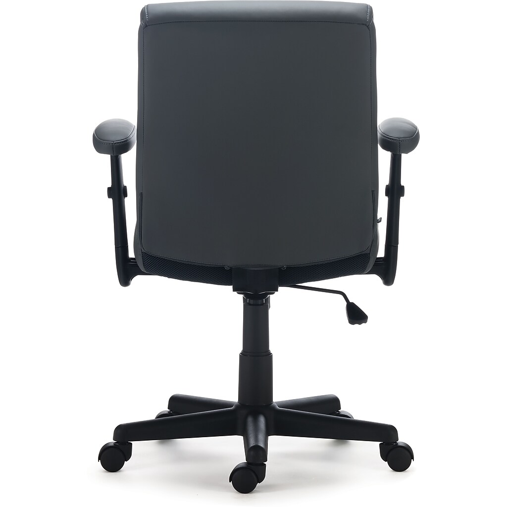 Back of grey ergonomic office chair with armrests