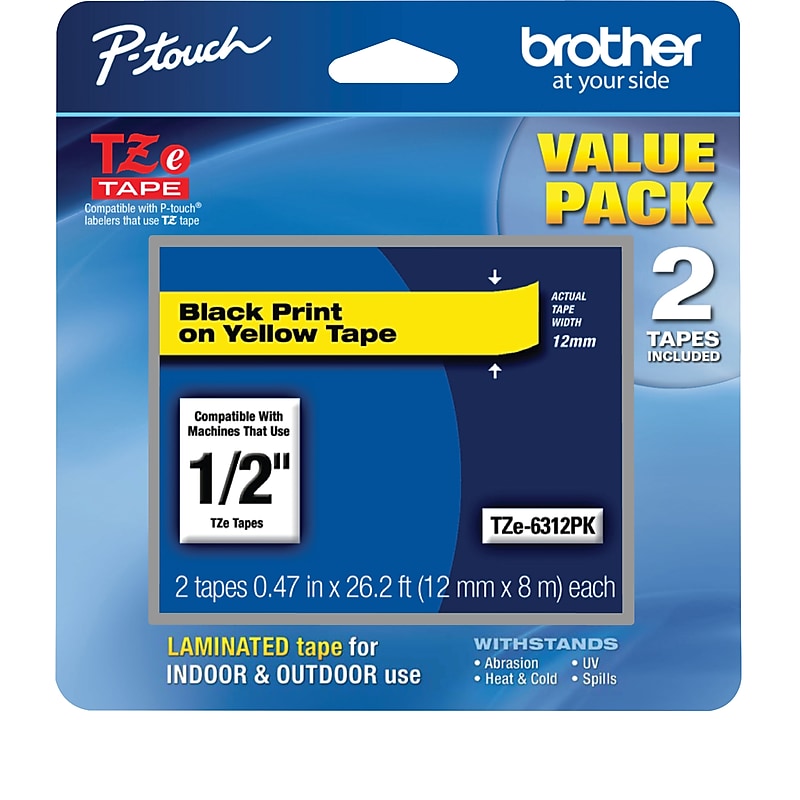 Brother P-touch TZe-631 Laminated Label Maker Tape, 1/2" x 26-2/10', Black on Yellow, 2/Pack (TZe-6312PK) image 1