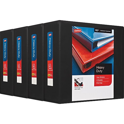Staples® HeavyDuty View Binder with 4" DRings, 775 Sheet Capacity, Black (24695CT) at Staples