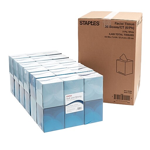Staples Facial Tissues Single Cube Box, 2Ply, 95 Sheets/Box, 36 Boxes