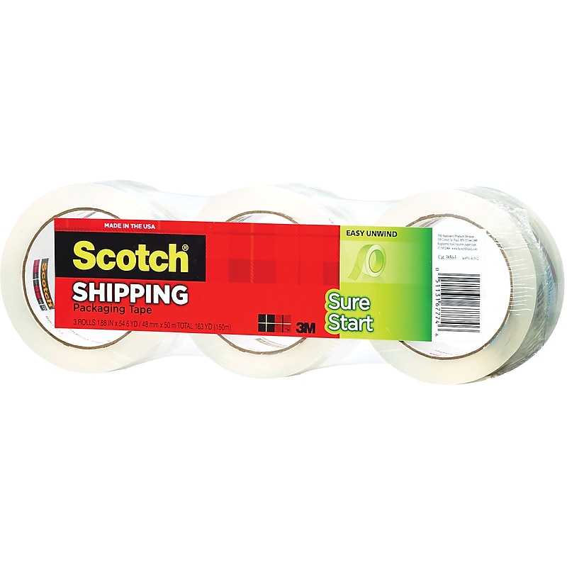 Scotch Sure Start Packing Tape, 1.88" x 43.7 yds., Clear, 3/Pack (3450-40-3) image 1