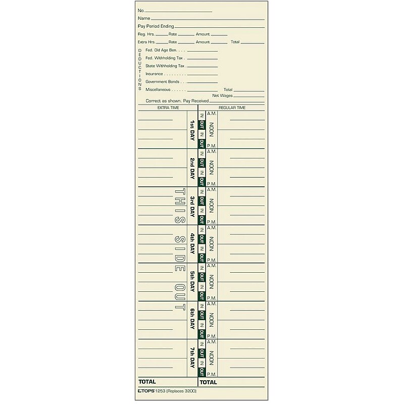 TOPS® Time Card, Weekly, Manila, #3200, Green Ink Front, Small pack, 100 CD/PK image 1