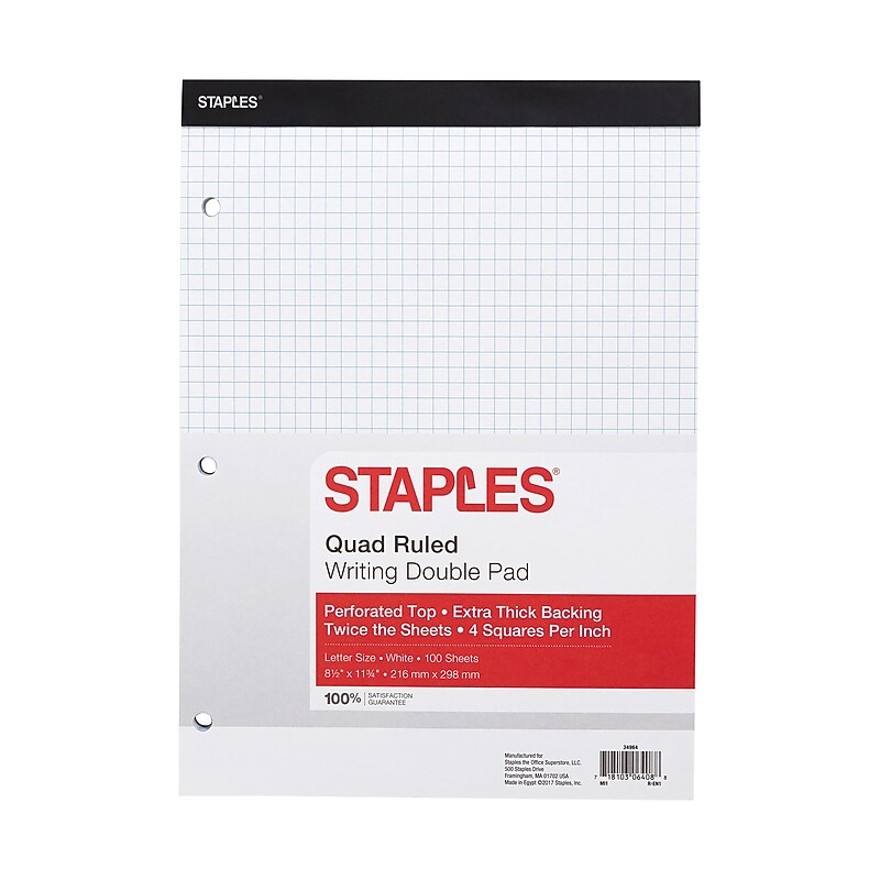 Staples Notepad, 8.5" x 11" (US letter), Quad Ruled, White, 100 Sheets/Pad (TOP 20-210) image 1
