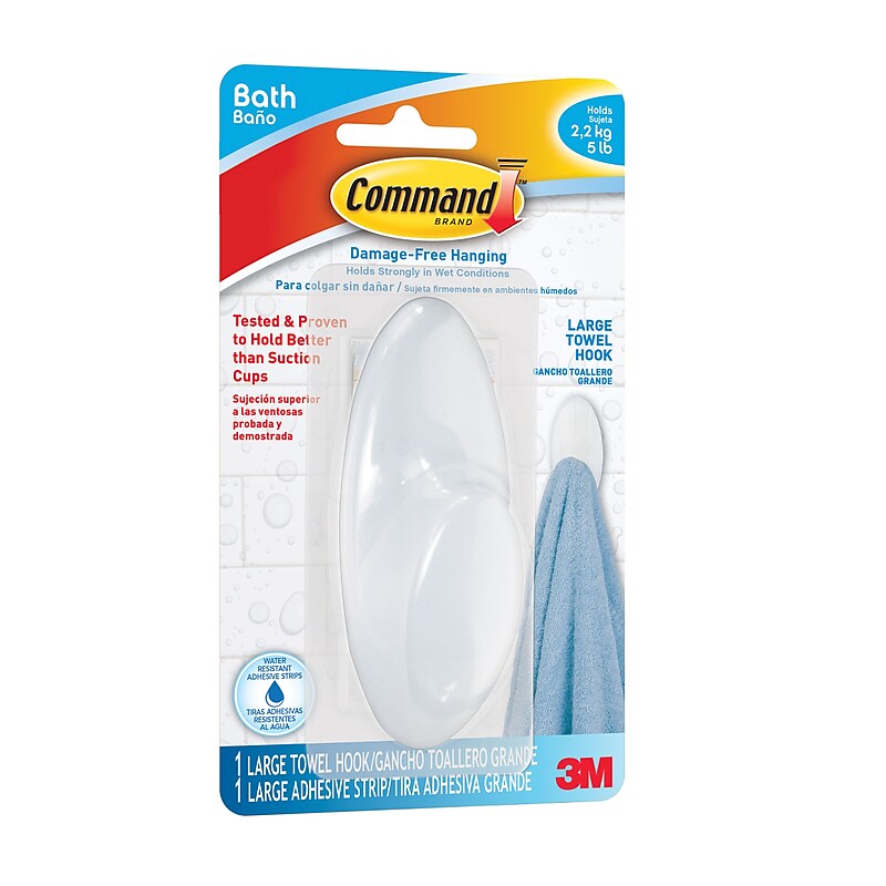 Command Large Bathroom Hooks, White, 1 Hook, 1 Large Water-Resistant Strip/Pack (BATH17-3ES) image 1