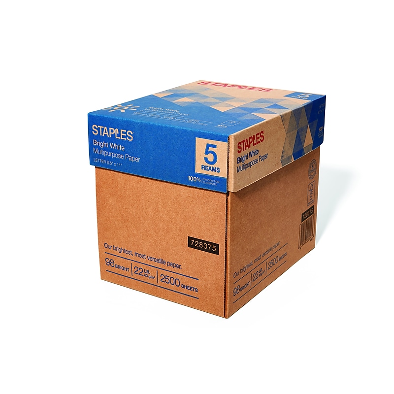 Staples 8.5" x 11" Multipurpose Paper, 22 lbs., 98 Brightness, 2500/Carton (16345-US) image 1