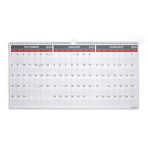 2020 Staples® 12" x 23" 3 Month Wall Calendar, 12 Months, January Start