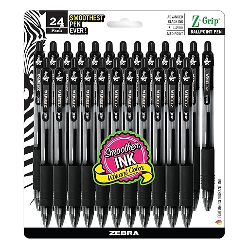 Zebra Z-Grip Retractable Ballpoint Pens, Medium Point, Black Ink, 24/Pack (12221)