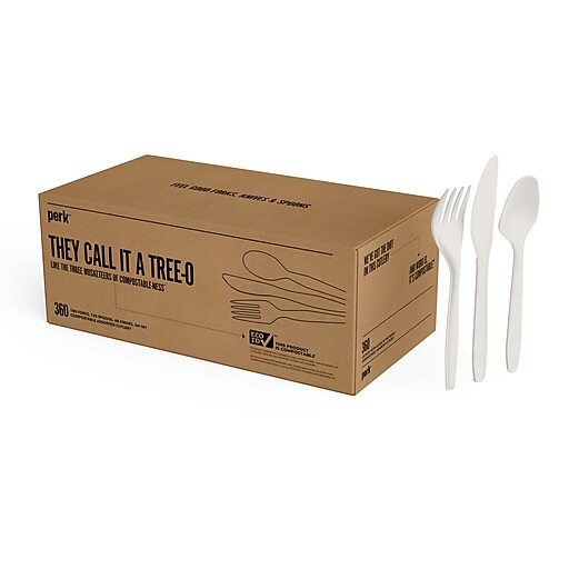 Perk™ Compostable PLA Assorted Cutlery, MediumWeight, White, 360/Pack