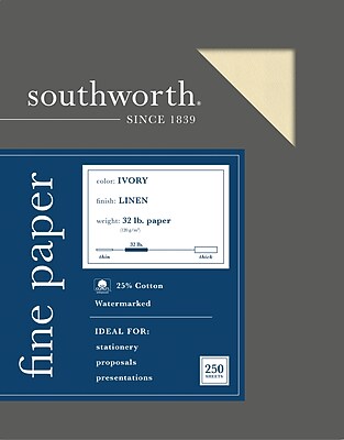 southworth cotton linen business paper  8-1/2  x 11   32 lb.  ivory  box of 250