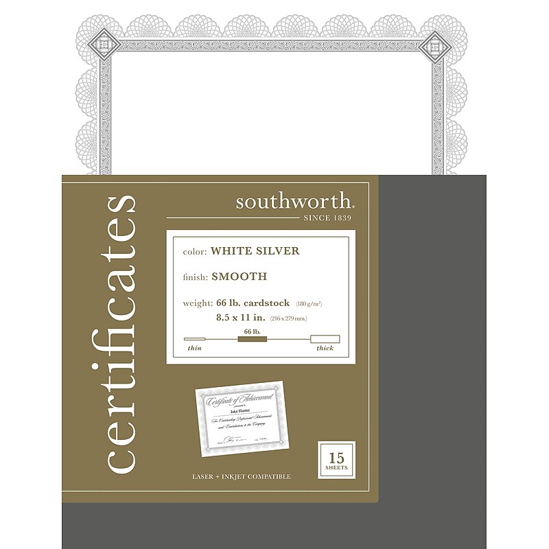 Southworth Premium Spiro Design Certificates, 8.5" x 11", White/Silver, 15/Pack (CTP2W) image 1