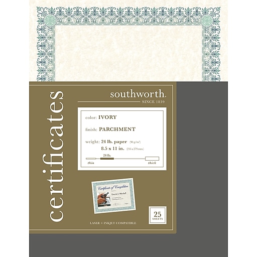 Southworth Parchment Certificates, 8.5 x 11, Ivory, 25/Pack (CT3R)