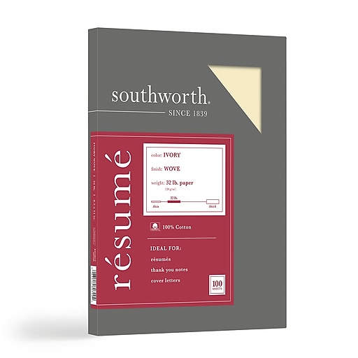 Ivory 8.5 X 11 100/Pack RD18ICF Southworth 100% Cotton Resume Paper 32 Lb 