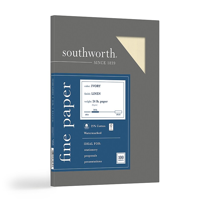 Southworth 25% Cotton Business Paper, 8.5" x 11", 24 lb. Linen Finish, Ivory, 100 Sheets/Pack (P564CK) image 1