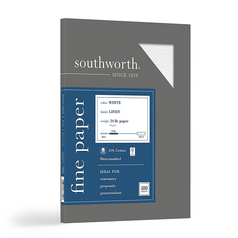 Southworth 25% Cotton Business Paper, 8.5" x 11", 24 lb. Linen Finish, White, 100 Sheets/Pack (P554CK) image 1