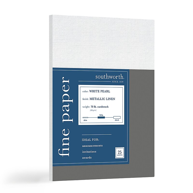 Southworth Metalo Linen Cardstock Paper, 70 Lbs., 8.5" x 11", White Pearl, 25 Sheets/Pack (91142) image 1