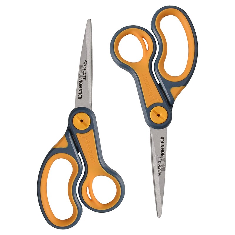 Westcott Titanium Bonded 8" Stainless Steel Multi-Purpose/Heavy Duty Scissor, Pointed Tip, Gray/Yellow, 2/Pack (16550) image 1