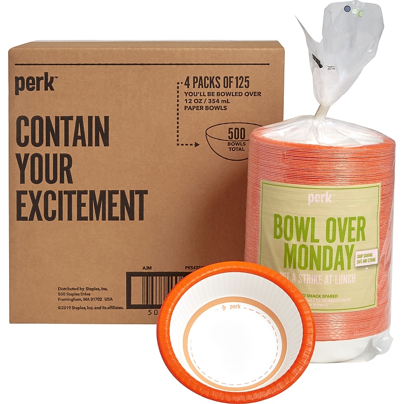 Perk™ Heavy-Weight Paper Bowls, 12 Oz., White/Orange, 500/Carton (PK54332) image 1