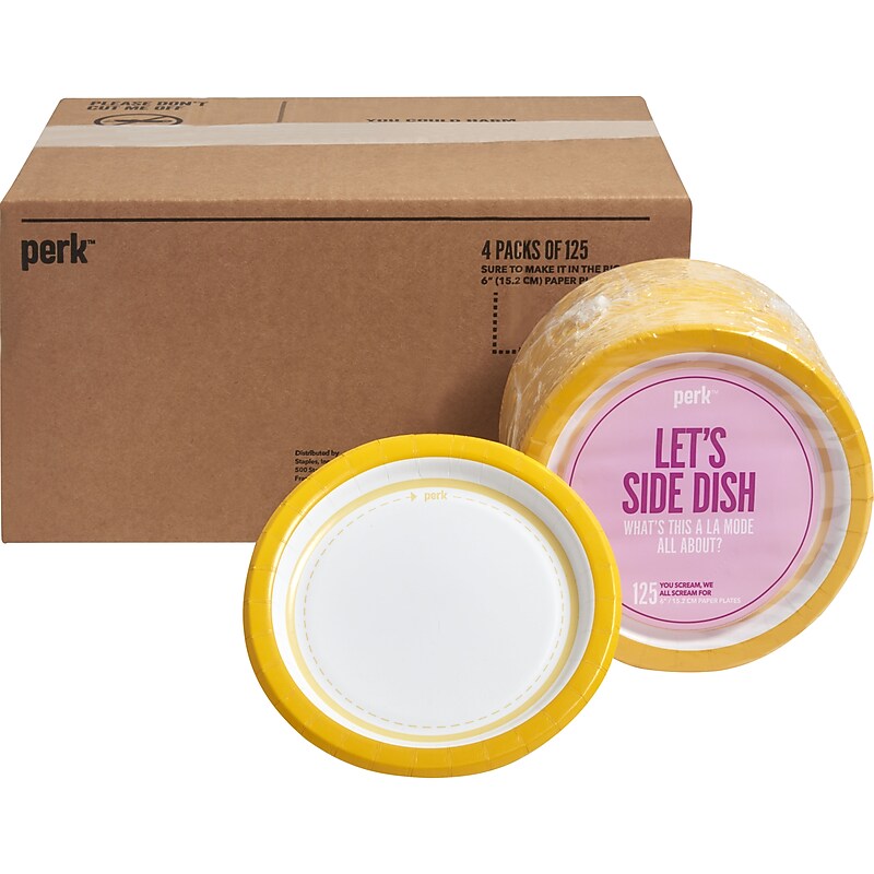 Perk™ Medium-Weight Paper Plates, 6", Yellow/White, 500/Carton (PK54328CT) image 1