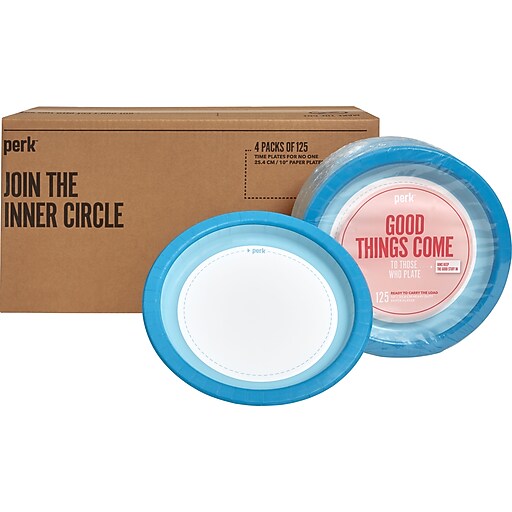 Perk™ HeavyWeight Paper Plates, 10", Blue/White, 500/Carton (PK54330CT