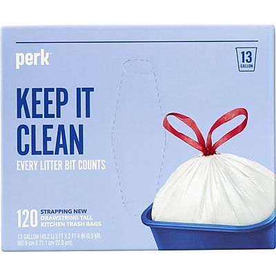 Perk&trade; Drawstring Tall Kitchen Trash Bags, 13 gal, 28" x 24", White, 120/Box
