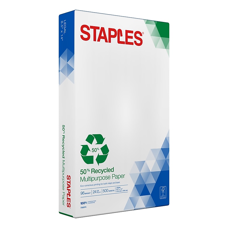 Staples 50% Recycled 8.5" x 14" Multipurpose Paper, 24 lbs., 96 Brightness, 500/Ream (86054) image 1